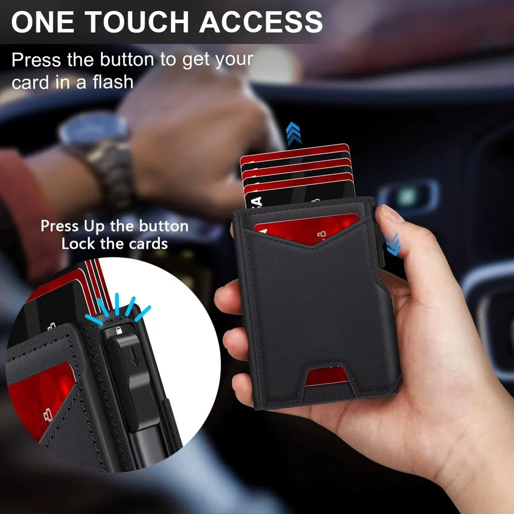 Slim RFID Wallet Men Minimalist Leather Card Holder Aluminum Pop-Up Bifold Black